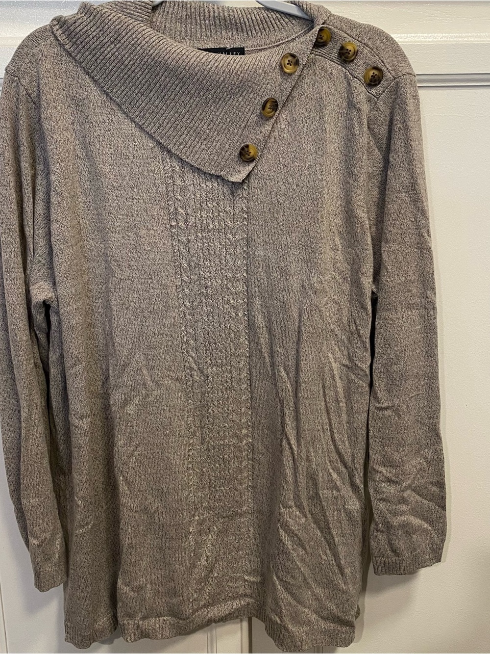 Cozy Taupe Button-Shoulder Turtleneck Sweater